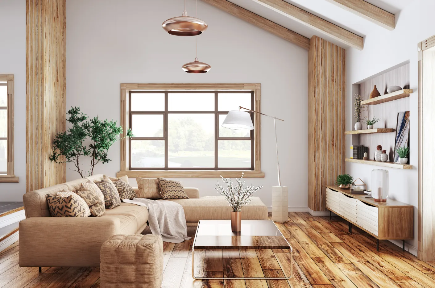 Cozy living room with tan sectional sofa, wooden floors, large window, and copper pendant lights.