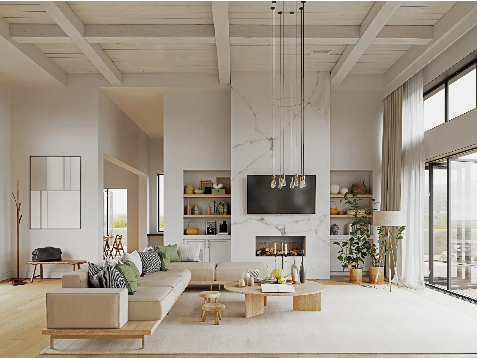 Spacious modern living room with neutral colors, large windows, and a marble fireplace.